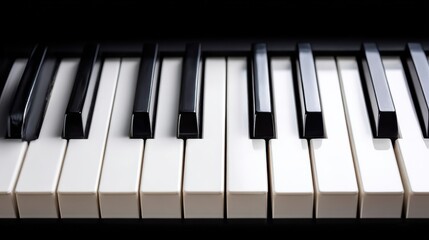 Close-up of black and white piano keys with soft reflections. Elegant keyboard detail in minimalist style. Classical music concept, instrument texture and musical background