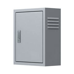Gray metal electrical junction box with a single door and ventilation slots