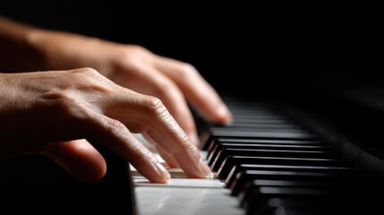 Fototapeta premium Close-up of hands playing piano keys. Expressive fingers on black and white keys. Classical music performance, creativity, emotion and musical artistry concept