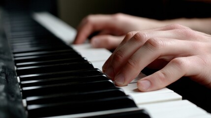 Obraz premium Hands pressing piano keys. Detail of musician fingers during performance. Piano playing, classical music, practice, concentration and artistic expression