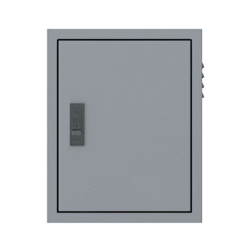 Closed gray metal electrical panel box with a simple latch on a white background