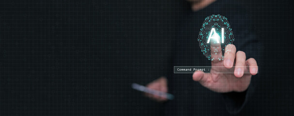 A man touching a glowing AI circuit brain. Prompt engineering, Human artificial intelligence collaboration, command prompts, generative Ai, language model, and advanced technology concept.