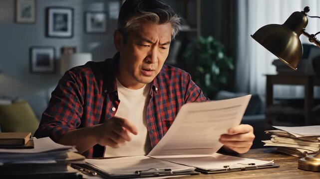 Stressed man reviews documents at desk with paperwork pile. Worried person reads paper showing stress. Man with documents feels frustration. Stressed reading of paperwork at home office desk.