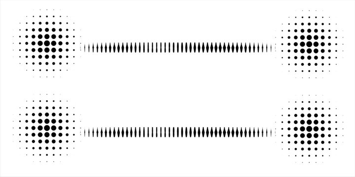 Abstract retro illustration of round halftone double sided arrow pointing left and right. Black circular dot pattern, geometric arrow shapes. Minimalistic, horizontal orientation, abstract design.