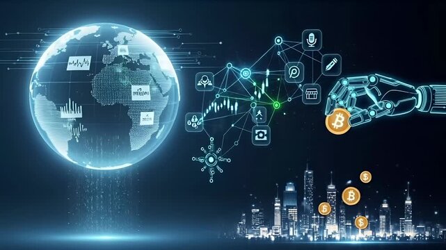 Global cryptocurrency blockchain network with robotic arm, AI, digital finance, futuristic city, and data, 