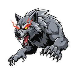 Obraz premium A powerful flat 2D raging wolf mascot with intense glowing eyes and sharp claws stands fiercely isolated on a clean white background, ready for action.