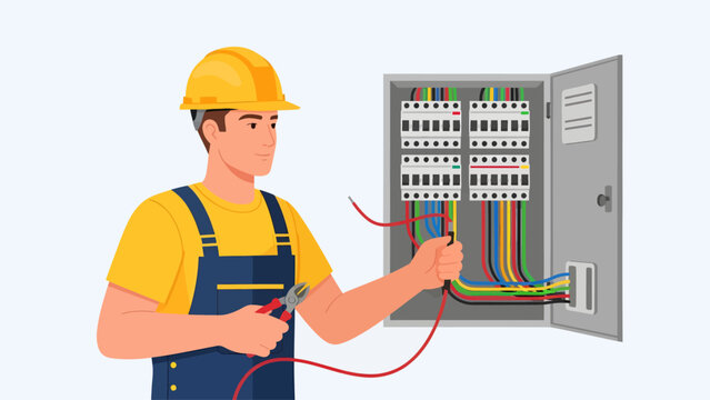Wearing a yellow hard hat and blue overalls, a skilled electrician holds wire cutters and carefully guides a red cable into an open grey electrical panel filled with rows of colorful circuit breakers