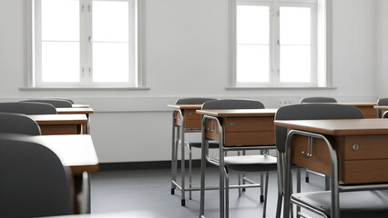 An empty classroom with desks and chairs arranged in rows