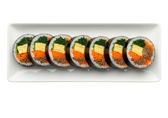 Korean Gimbap Rolls on White Plate, Traditional Food
