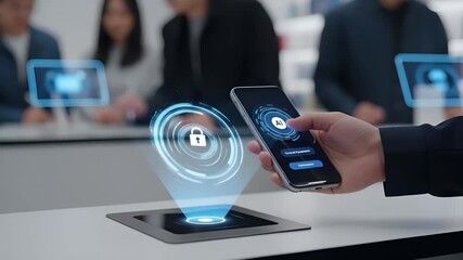 Secure mobile payment transaction using smartphone and digital lock hologram, modern technology for contactless financial transactions in a business office setting - Powered by Adobe