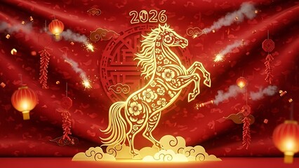Golden horse decoration for chinese new year celebration with red lanterns and fireworks background
