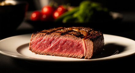 Perfectly cooked medium rare steak slice on white plate with blurry background of vegetables