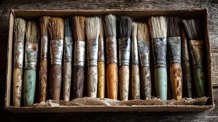 Collection of Vintage Paint Brushes in Wooden Box.