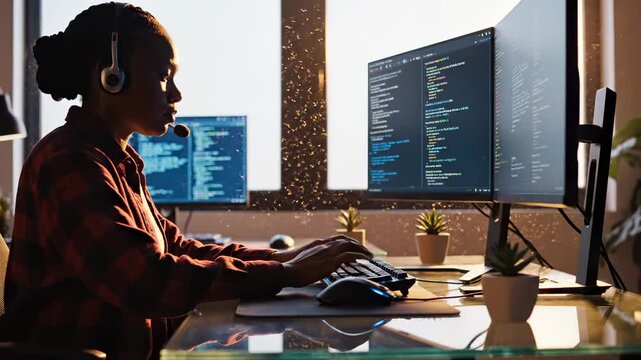 Woman developer codes on monitor with headset at desk. Developer writes code on computer monitor wearing headset. Woman programmer types code on monitor with headset. Female developer programs at desk
