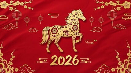 Chinese new year 2026, year of the fire horse, gold horse on red background with lanterns, clouds, and floral patterns, symbolizing good