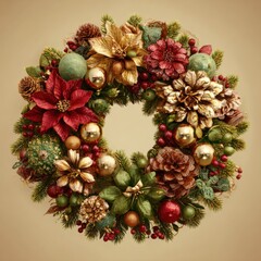 Luxurious Christmas wreath with ornaments and pinecones