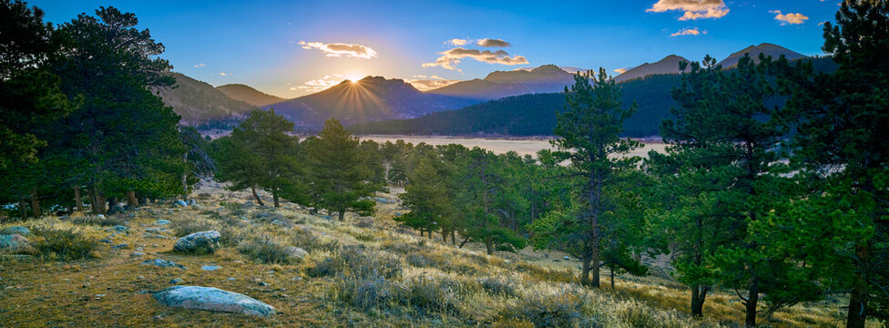 Sunrise over Rams Horn Mountain at Rocky Mountain National Park with Moraine valley.