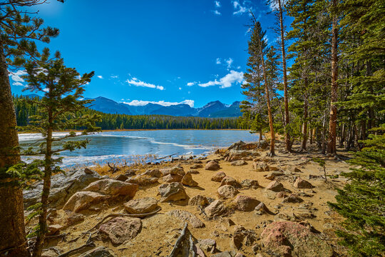 Rocky shoreline of Bierstadt Lake in Rocky Mountain National Park, CO.