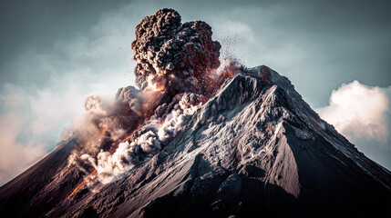 A powerful volcano erupting with lava and ash against the sky. ESG reports, sustainability campaigns, designed for sustainability communications and ESG reporting.