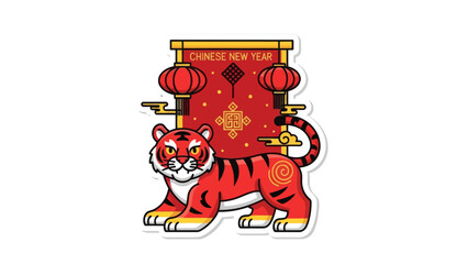 Vibrant Chinese New Year celebration featuring tiger mascot and festive