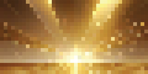 Golden pixelated background with bright light effects.