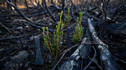 Obraz premium Green sprouts emerging from charred forest soil after lightning strike. ESG reports, sustainability campaigns, designed for sustainability communications and ESG reporting.