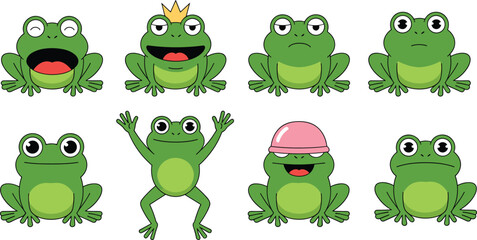 Cartoon frog character set with expressive faces and accessories for emotion, story, and educational illustration themes.