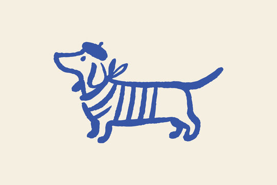 French Dachshund in Beret Minimal Cartoon Vector Illustration