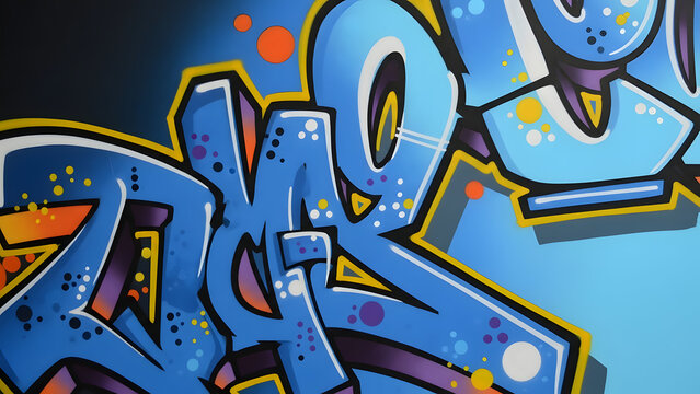 Vibrant blue graffiti art with yellow and orange accents