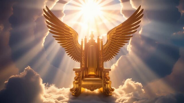 Golden celestial throne with radiant angel wings floating among glowing clouds under dramatic heavenly sunlight rays