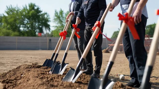 Groundbreaking ceremony with business leaders holding shovels tied with red ribbons and digging into soil at construction site