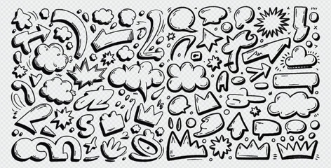 Fototapeta premium Collection of hand drawn doodle elements including hearts clouds stars lightning and speech bubbles