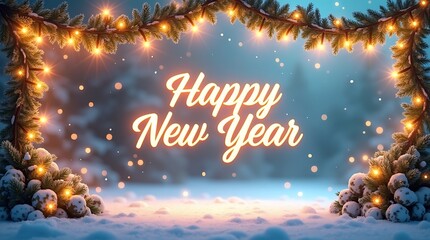 Happy New Year Celebration with Golden Garland Lights and Festive Winter Wonderland Border