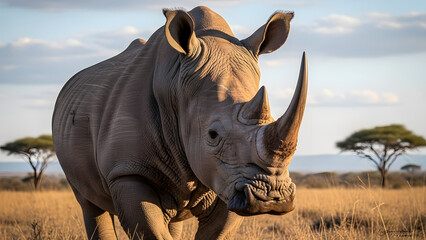 Fototapeta premium Powerful white rhino portrait on african savanna
