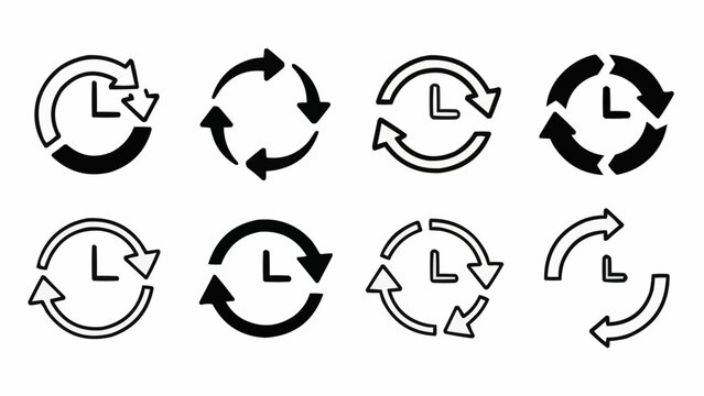 Collection of Clock Arrows and Circular Arrows Icons Representing Time and Cycles.