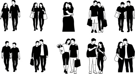 Black and white illustrations of people walking and standing together in various poses and outfits