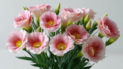 Obraz premium Beautiful pink and white lisianthus flower bouquet placed on a light background with space for text or design