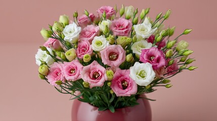 Obraz premium Colorful bouquet of pink and white easter lisianthus flowers on a light background with space for text or design