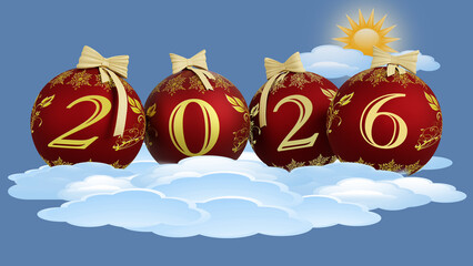Illustrazione 3D. Anno nuovo 2026. Capodanno 2026 in numeri e con decorazione natalizia. Cielo e Nuvole.