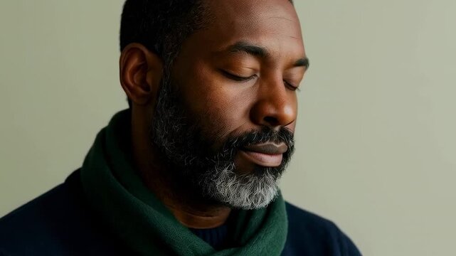 Calm middle aged man with closed eyes practicing mindful breathing indoors wearing green scarf and sweater against soft neutral background