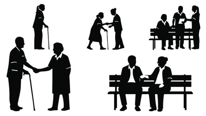 Silhouettes of elderly people interacting and socializing in various settings