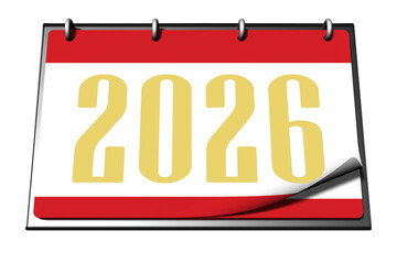 PNG. Trasparente. Rendering 3D di un calendario da tavolo che mostra l'anno "2026" con numeri gialli in grassetto. La pagina &egrave; prevalentemente bianco, con bordi rossi sopra e sotto i numeri.