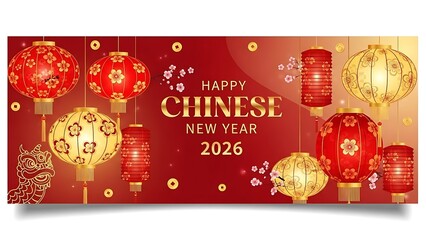 Vibrant red and gold chinese new year 2026 banner with hanging lanterns and dragon decoration