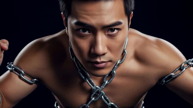 Determined shirtless man wrapped in heavy metal chains against dark background symbolizing strength struggle and resilience