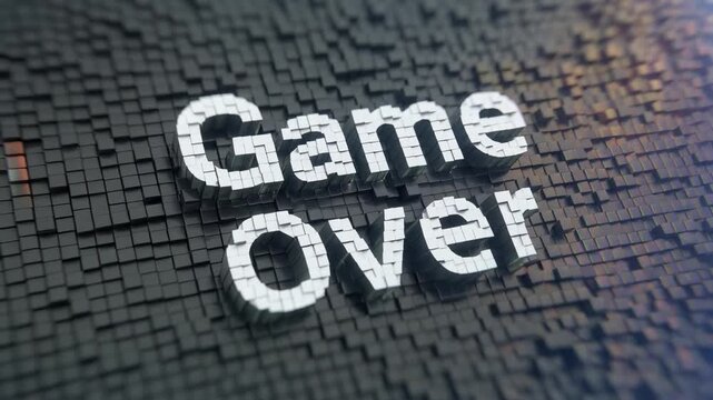 Dynamic digital render illustrating a definitive conclusion with prominent 3D block letters, conveying the finality of a challenging virtual experience or a critical moment