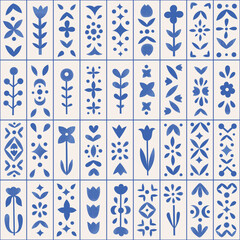 Watercolor botanical ornamental vertical tile seamless pattern. Floral blue mediterranean retro vector design