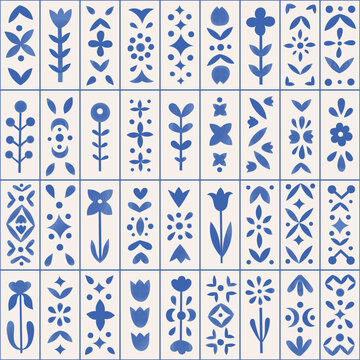 Watercolor botanical ornamental vertical tile seamless pattern. Floral blue mediterranean retro vector design