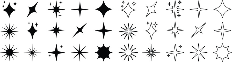 Sparkle Starburst Icon Set Shining Light Effect Symbol Collection Featuring Radiant Twinkle, Glow, Shine, Sparkling Star Group in Flat and Line Style for Decorative Graphic Vector Elements