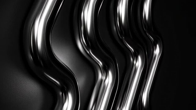Curved metallic chrome pipes aligned on dark background creating modern industrial abstract pattern with reflective highlights and shadows