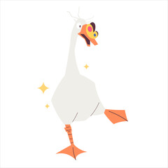 Funny goose character with butterfly sitting on beak. Cute cartoon bird illustration for stickers, posters, greeting cards, prints, kids design, branding, packaging and social media